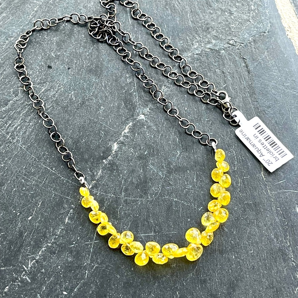 One of a kind Yellow Helidor Aquamarine faceted Briolette Beaded Necklace 20”